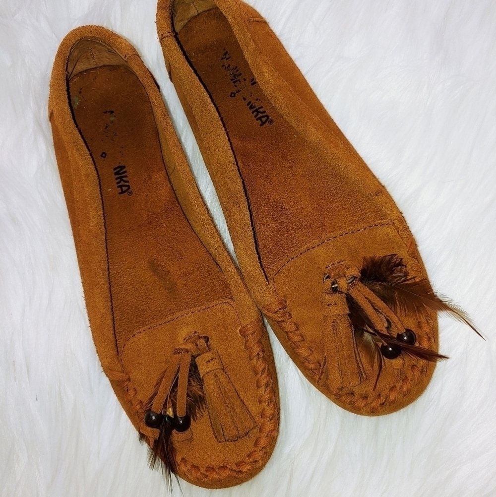 Leather Tassle Bead Feather Flats Moccasins 6.5